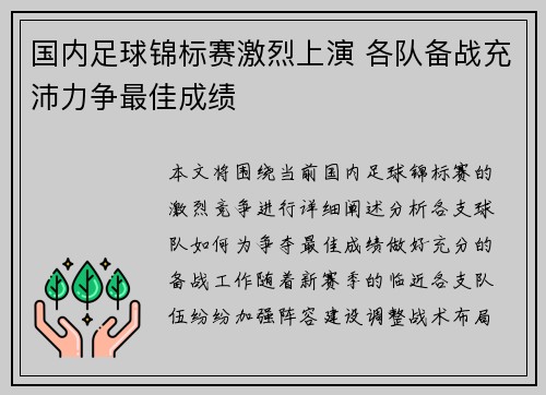 国内足球锦标赛激烈上演 各队备战充沛力争最佳成绩