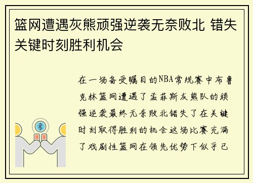 篮网遭遇灰熊顽强逆袭无奈败北 错失关键时刻胜利机会