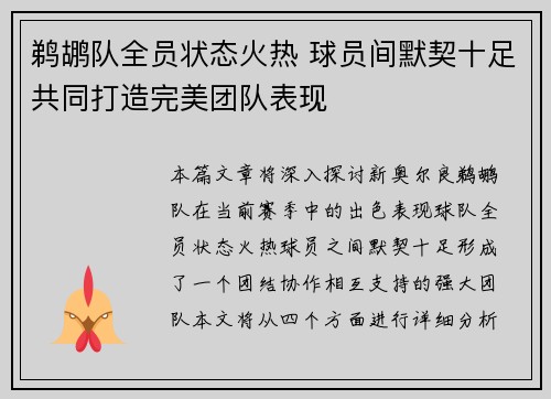 鹈鹕队全员状态火热 球员间默契十足共同打造完美团队表现