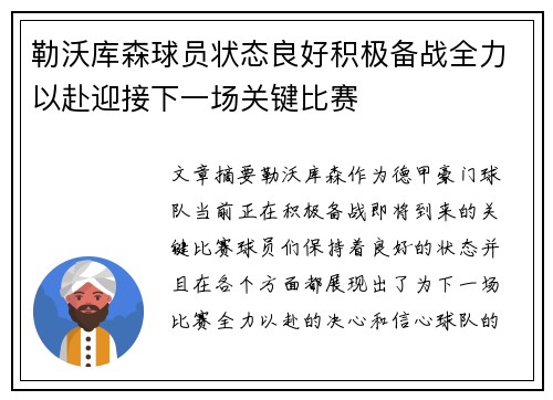 勒沃库森球员状态良好积极备战全力以赴迎接下一场关键比赛