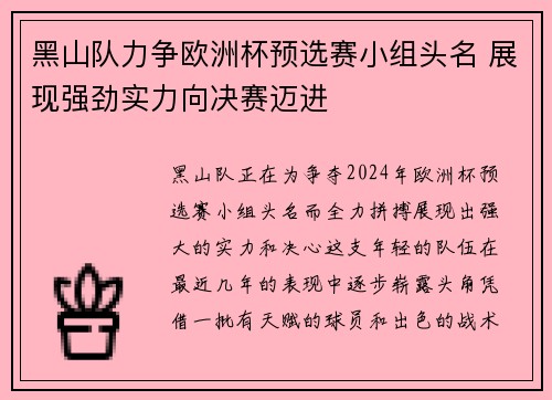 黑山队力争欧洲杯预选赛小组头名 展现强劲实力向决赛迈进