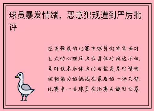 球员暴发情绪，恶意犯规遭到严厉批评