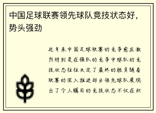 中国足球联赛领先球队竞技状态好，势头强劲