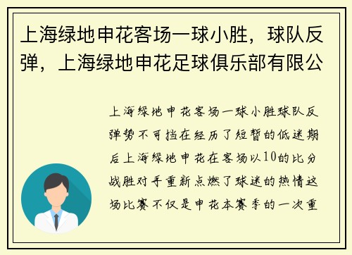 上海绿地申花客场一球小胜，球队反弹，上海绿地申花足球俱乐部有限公司