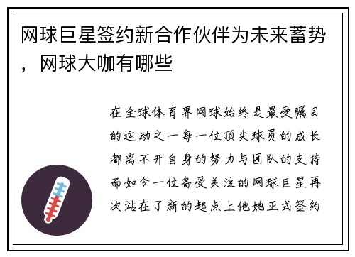 网球巨星签约新合作伙伴为未来蓄势，网球大咖有哪些
